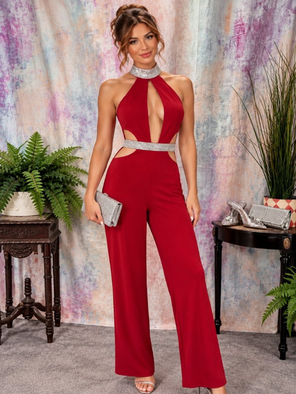 📌Shop 17 Glamorous Dramatic Halter Neckline  Waist Cutouts Formal Jumpsuit